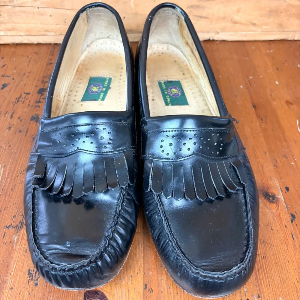 Club Room Mens Black Leather Kiltie Loafers Fringe Brogue‎ Made in Spain Size 9